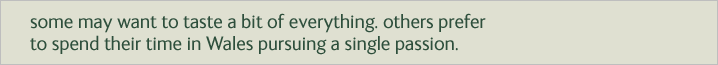 Some may want to taste a bit of everything. Others prefer to spend their time in Wales pursuing a single passion.